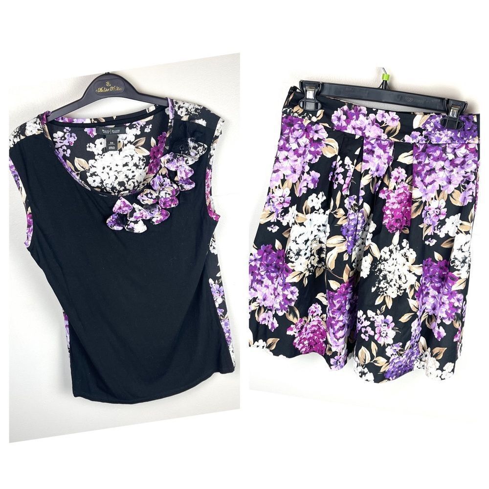 WHBM Top & Skirt Set Black & Purple Floral Size 2 XS